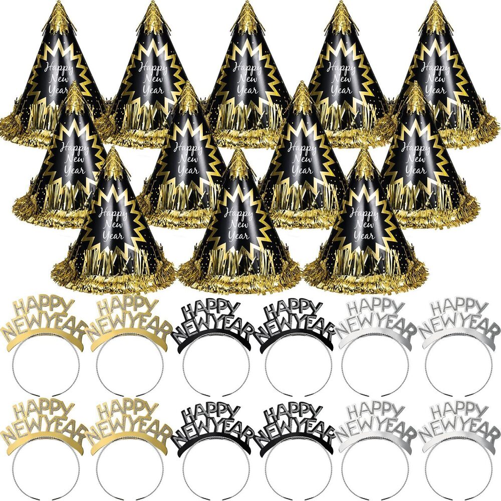 6907 New Year's Eve Party Supplies Includes 12 Black Cone Hats 12 Headbands